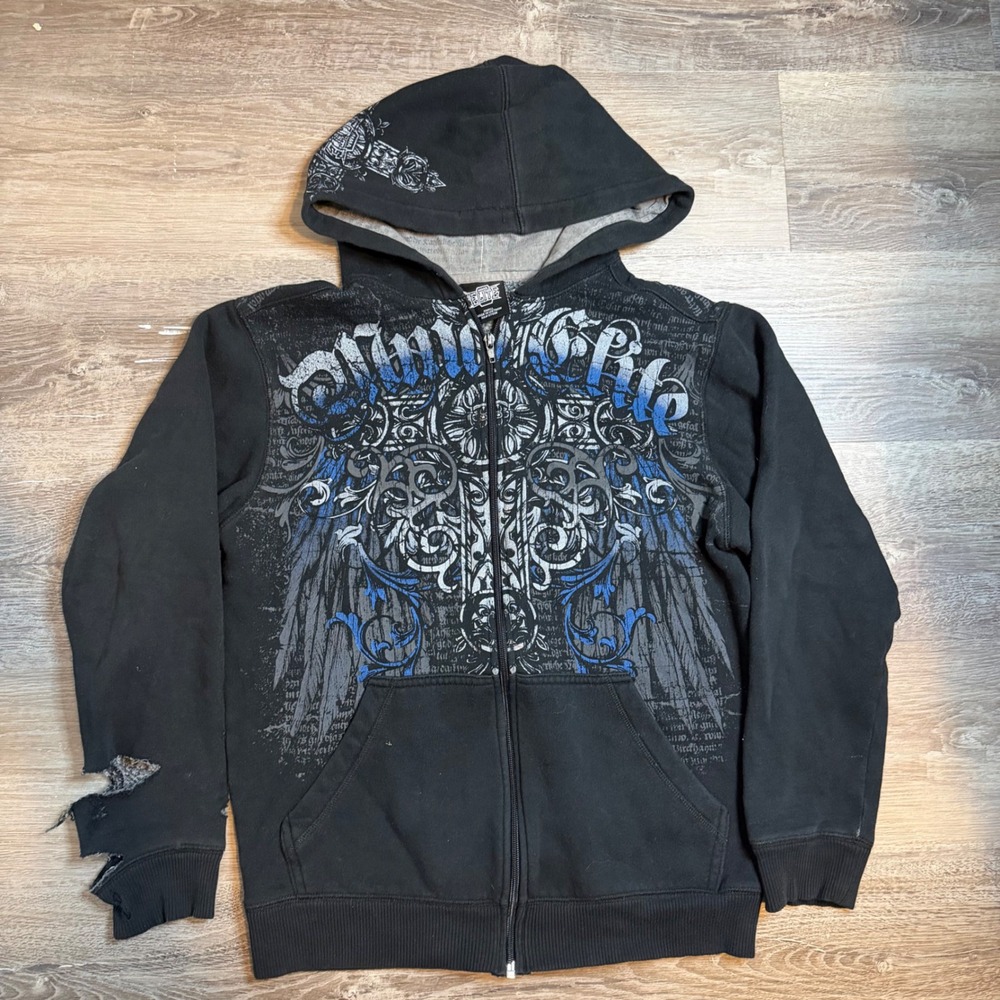 MMA Elite Mens S Zip Up Hoodie Cross Graphic AOP Wings Grunge Skater Y2k Vintage